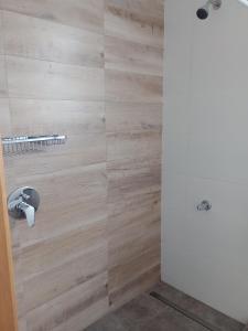 a bathroom with a shower with a wooden wall at Casa en Zona Parque San Carlos in Concordia +9 photos