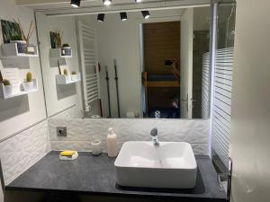 a bathroom with a white sink and a mirror at Studio Puy Saint Vincent 1600 aux pieds des pistes in Puy-Saint-Vincent