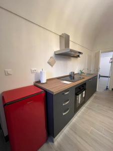 een keuken met een wastafel en een rode koelkast bij La petite maison Soleil in Biella