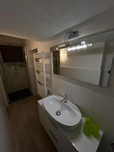 een badkamer met een witte wastafel en een spiegel bij La petite maison Soleil in Biella