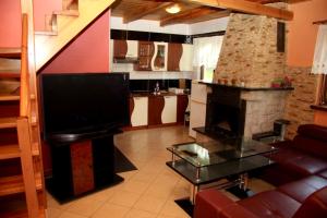 a living room with a television and a fireplace at Holiday - domki letniskowe in Charzykowy