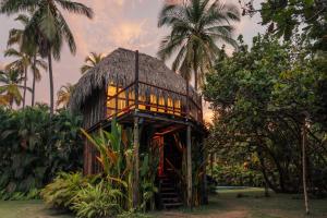 a small hut with a thatched roof in a garden at Solea Villa Tropical in Santa Marta