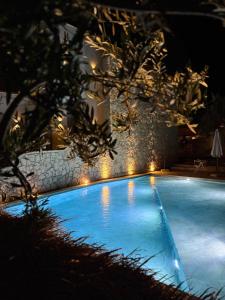 a large blue swimming pool with lights on it at Le Rêve Boutique Hotel in Dhërmi