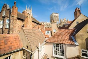 una vista de los tejados de los edificios con una catedral en el fondo en Trembling Madness Apartments en York