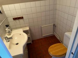 a small bathroom with a sink and a toilet at Rum i villa Burlöv in Arlöv