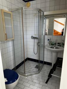 a bathroom with a shower and a toilet and a sink at Rum i villa Burlöv in Arlöv +7 photos