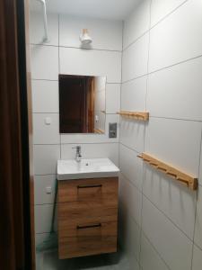 a bathroom with a sink and a mirror at Domek dla rodziny in Jastarnia