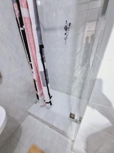 a bathroom with a shower curtain and a toilet at Lovely Paceville Studio E in St. Julianʼs +19 photos