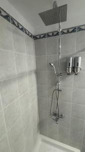 a shower in a bathroom with a shower head at Lemon Suites in Mytilini