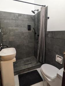 a bathroom with a toilet and a shower at Casa del Rey in Taxco de Alarcón