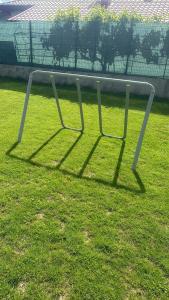 a metal object sitting on top of the grass at Pensiunea Bibanu in Mineri