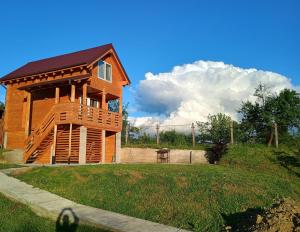 a wooden building in a field with a sky at Tiny House Ocnele Mari in Ocnele Mari
