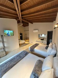 two beds in a room with a tv on the wall at Hotel Coral Boutique in Medellín