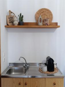 a kitchen counter with a sink and a shelf at Plakourakia in Finikas +165 photos