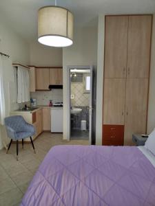 a bedroom with a purple bed and a kitchen at Eleana Studios in Skiros