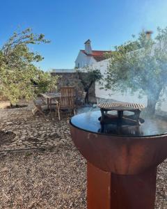 a fire pit with a picnic table and a bench at Casa do Sobreiro-Quinta do Briando in Portalegre