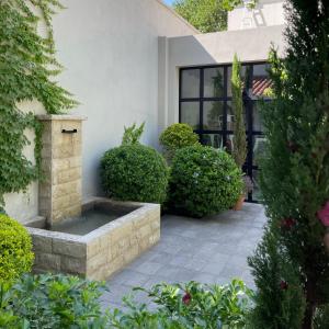 a garden with a stone fountain in the middle of a yard at Huli B&B in Mendoza