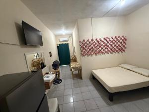 a small room with a bed and a tv at Hotel la ceiba in Cedro