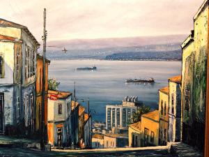 a painting of a city with boats in the water at Hotel Ágora in Viña del Mar