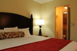 ein Schlafzimmer mit einem Bett mit einer roten Decke und einer Lampe in der Unterkunft Village of Loon Mountain - VI in Lincoln