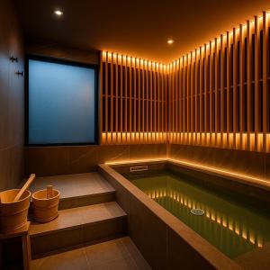 a bathroom with a tub with a large screen at Luxury Japanese Onsen Reserve - Bangkok in Bangkok