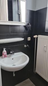 ein Badezimmer mit einem weißen Waschbecken und einem Spiegel in der Unterkunft Stadtnah an der Förde 7502 E in Flensburg + 20 Fotos