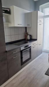 eine Küche mit Küchengeräten aus Edelstahl und weißen Schränken in der Unterkunft Stadtnah an der Förde 7502 E in Flensburg