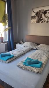 zwei Handtücher liegen auf einem Bett in einem Schlafzimmer in der Unterkunft Stadtnah an der Förde 7502 E in Flensburg