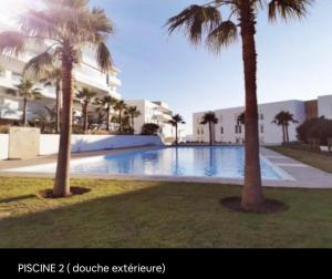 a swimming pool with palm trees in front of a building at APPARTEMENT 5 étoiles VUE SUR MER in Tangier