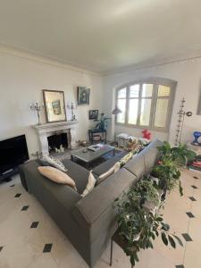 a living room with a couch and a fireplace at Villa Tricia Cannes in Cannes