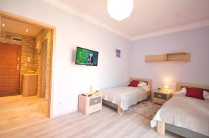 a bedroom with two beds and a tv on the wall at Apartament LENA III Deluxe in Kowary
