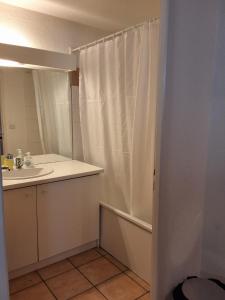 a bathroom with a sink and a shower curtain at Les Estives de Cauterêts in Cauterets
