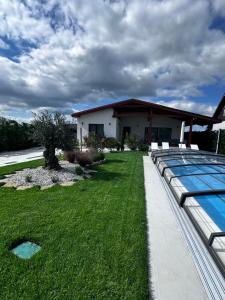 a yard with a swimming pool and a house at Vila Alma in Ilganii de Jos