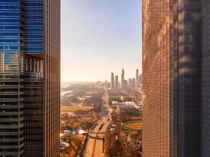an aerial view of a city with tall buildings at Fairmont Chicago Millennium Park in Chicago