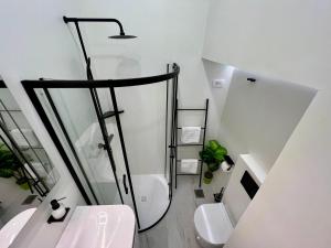 a bathroom with a shower and a toilet at Grand Apartment Piran in Piran