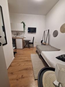 una camera con due letti e un tavolo e una cucina di City Studio Ana a Fiume (Rijeka)