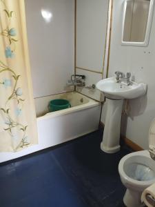 a bathroom with a tub and a sink and a toilet at Houseboat Queen Of Africa in Jāmb
