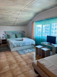 a bedroom with a bed and a tv and a couch at Vila Adriana in Eforie Nord