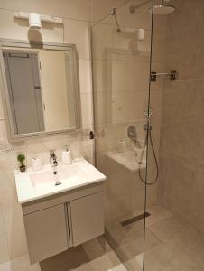 une salle de bain avec lavabo et douche dans l'établissement Family large apartment in Bahçeli, à Aglantzia