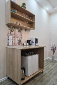 a kitchen with a counter with a washer and dryer at VANIMI lux apartmani in Kikinda +81 photos
