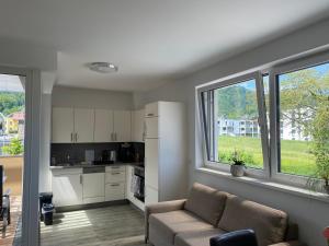 a kitchen and living room with a couch and two windows at Ferienwohnung am Schlosspark in Altmünster