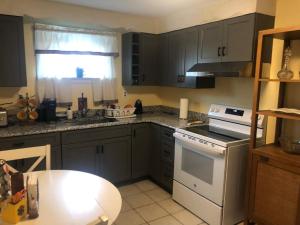 a kitchen with gray cabinets and a white stove top oven at Quiet Harrisburg home in Harrisburg