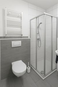 a bathroom with a shower and a toilet and a sink at Ein zimmer Apartment in Dormagen