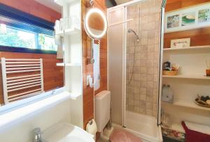 a bathroom with a shower and a toilet and a sink at Begonie2 in Siegsdorf +18 photos