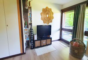 a living room with a flat screen tv on a stand at Begonie2 in Siegsdorf