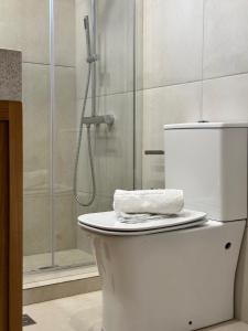 a white bathroom with a shower with a toilet at Arch Residence, studio 1, Apothika in Katarráktis +5 photos