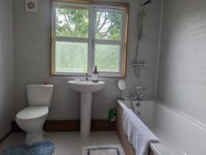 a bathroom with a toilet and a sink and a window at The Lodge at Tetley in Crowle