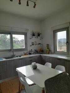 a kitchen with a white table and chairs and two windows at Olive & Pinetree House in Lythrodontas +5 photos