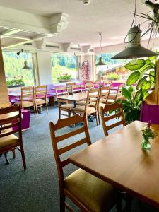 a dining room with wooden tables and chairs at Hotel Alpenblick in Grindelwald +67 photos