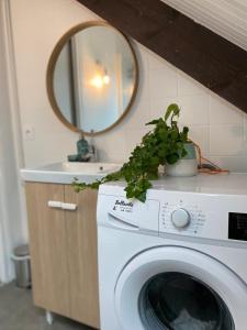 a washing machine in a bathroom with a mirror at L'Odyssée - Studio cosy avec vue mer - Lumineux - Parking - Wifi in Pléneuf-Val-André